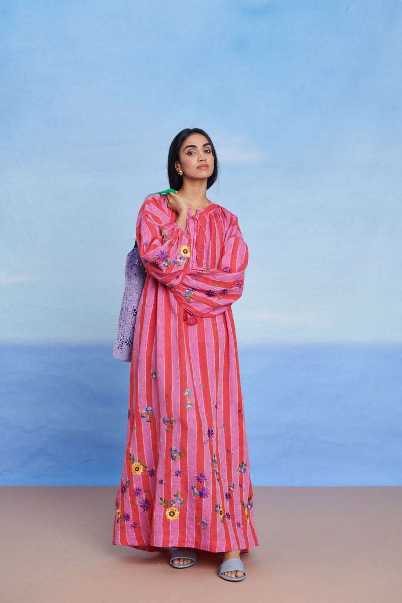 Amalfi Linen Puff Sleeves Dress linen by Saphed in pink color for women Worldwide