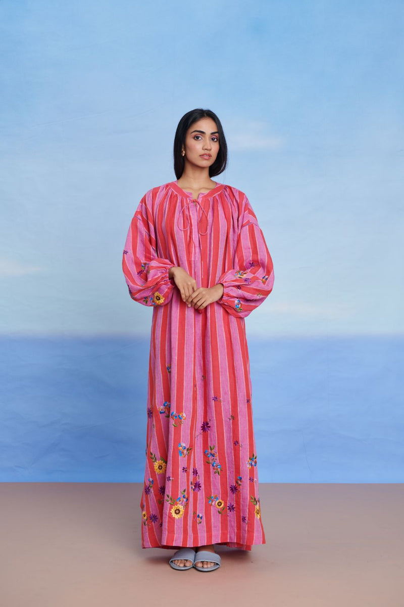 Amalfi Linen Puff Sleeves Dress linen by Saphed in pink color for women Worldwide