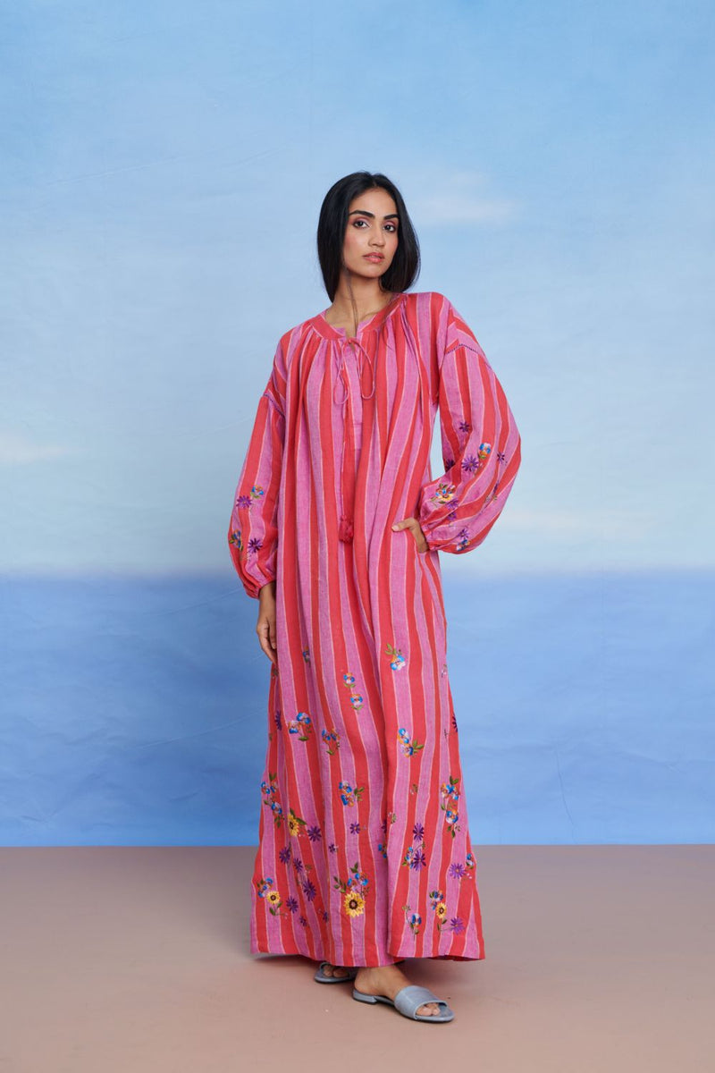 Amalfi Linen Puff Sleeves Dress linen by Saphed in pink color for women Worldwide