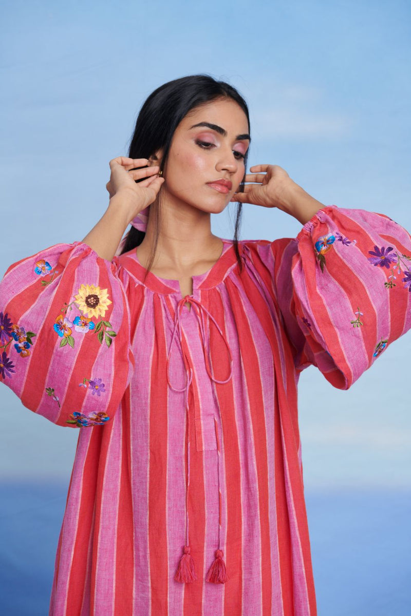 Amalfi Linen Puff Sleeves Dress linen by Saphed in pink color for women Worldwide