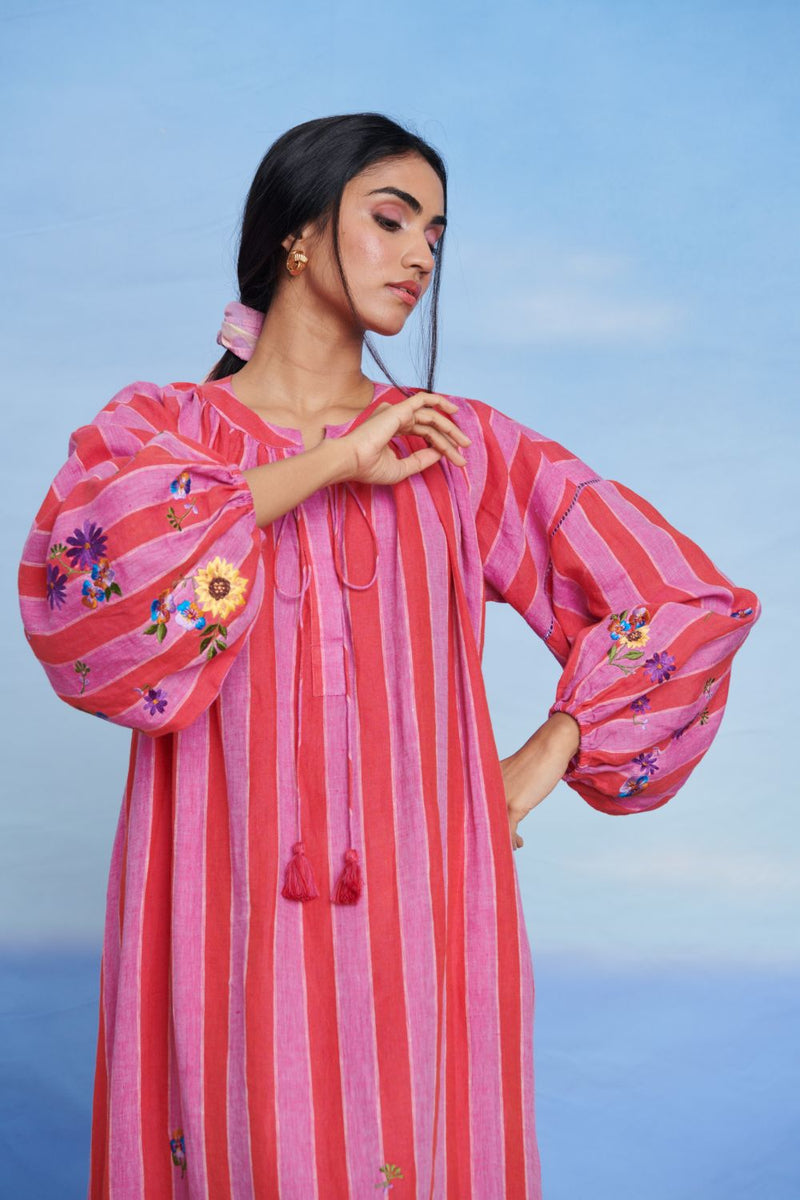 Amalfi Linen Puff Sleeves Dress linen by Saphed in pink color for women Worldwide