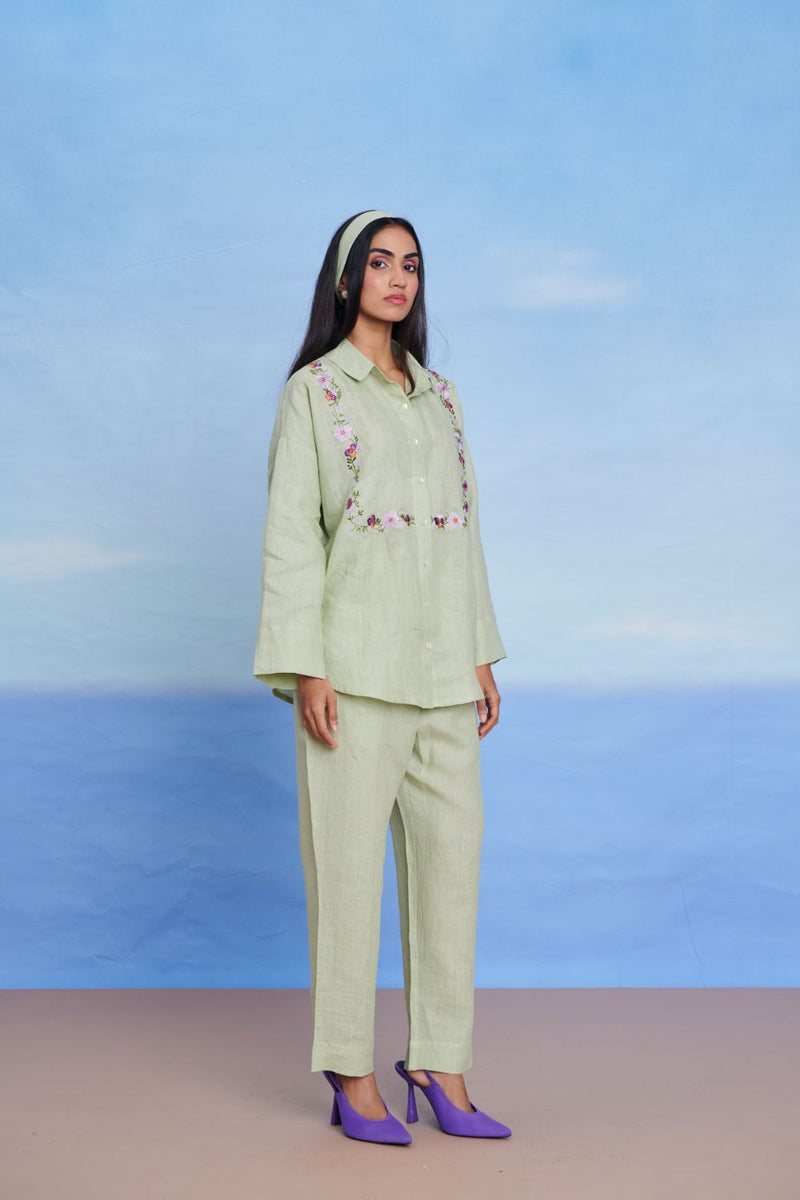 Pista Linen Oversized Flared Shirt linen by Saphed in green color for women Worldwide