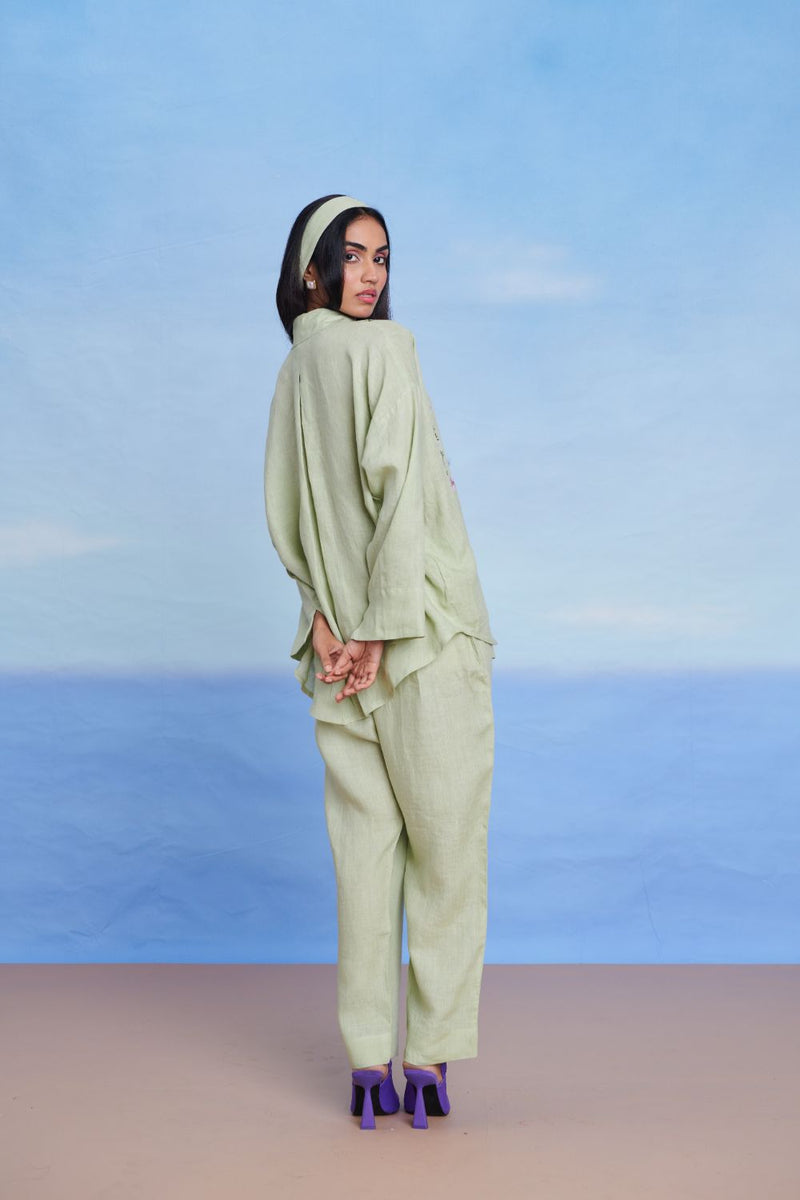 Pista Linen Oversized Flared Shirt Set linen by Saphed in green color for women Worldwide