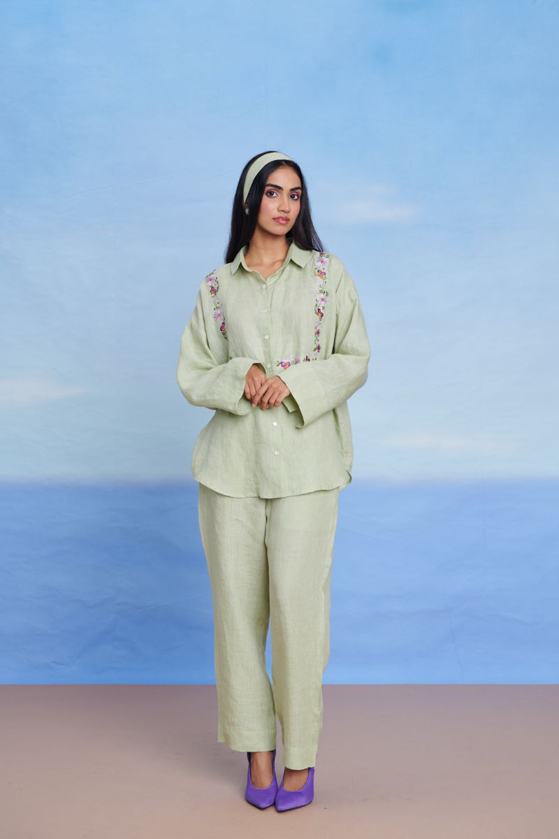 Pista Linen Oversized Flared Shirt Set linen by Saphed in green color for women Worldwide