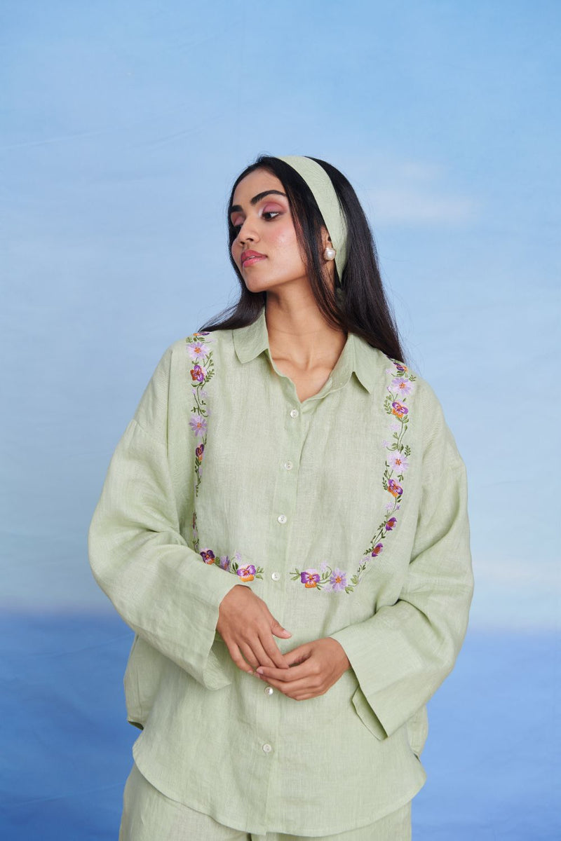 Pista Linen Oversized Flared Shirt Set linen by Saphed in green color for women Worldwide
