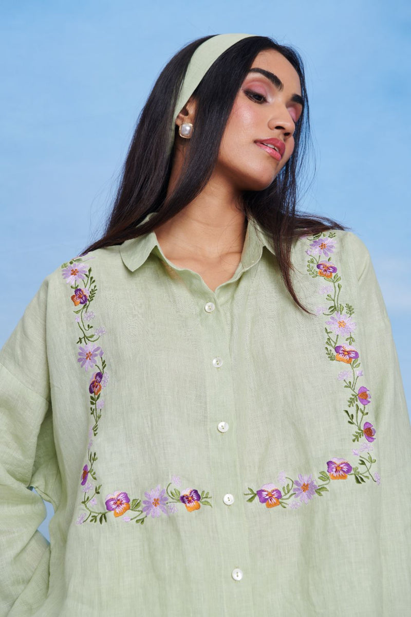 Pista Linen Oversized Flared Shirt linen by Saphed in green color for women Worldwide