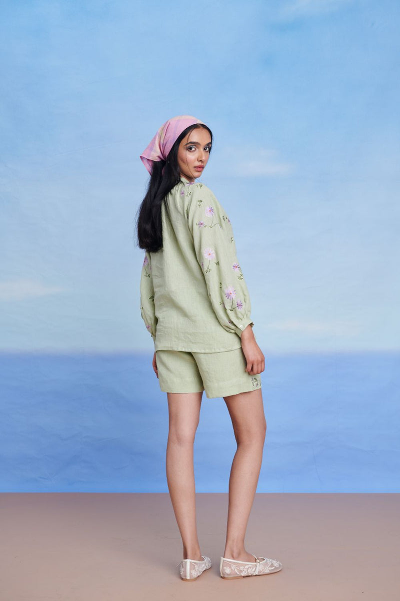Pista Linen Billow Top linen by Saphed in green color for women Worldwide