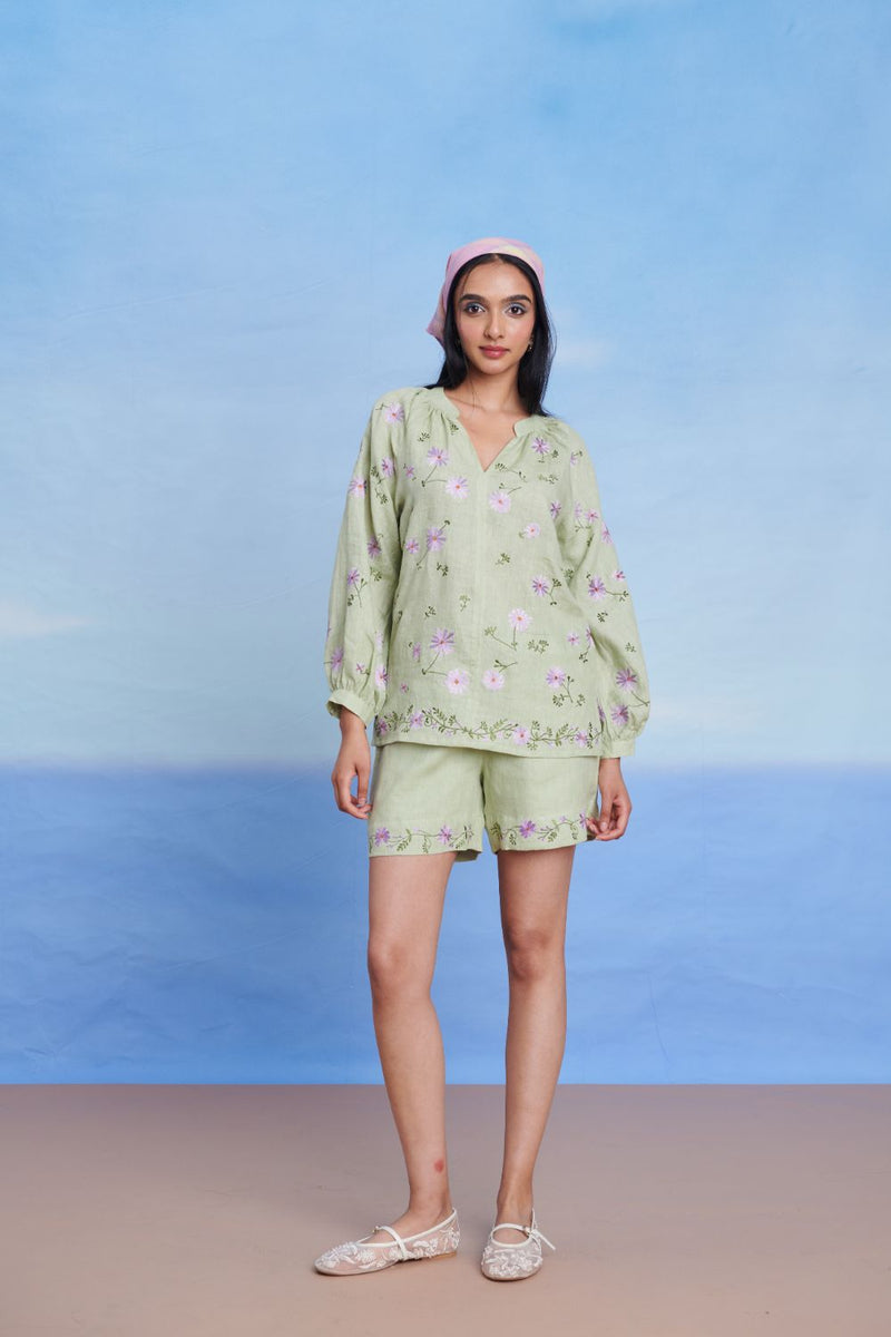 Pista Linen Billow Shorts Set linen by Saphed in green color for women Worldwide