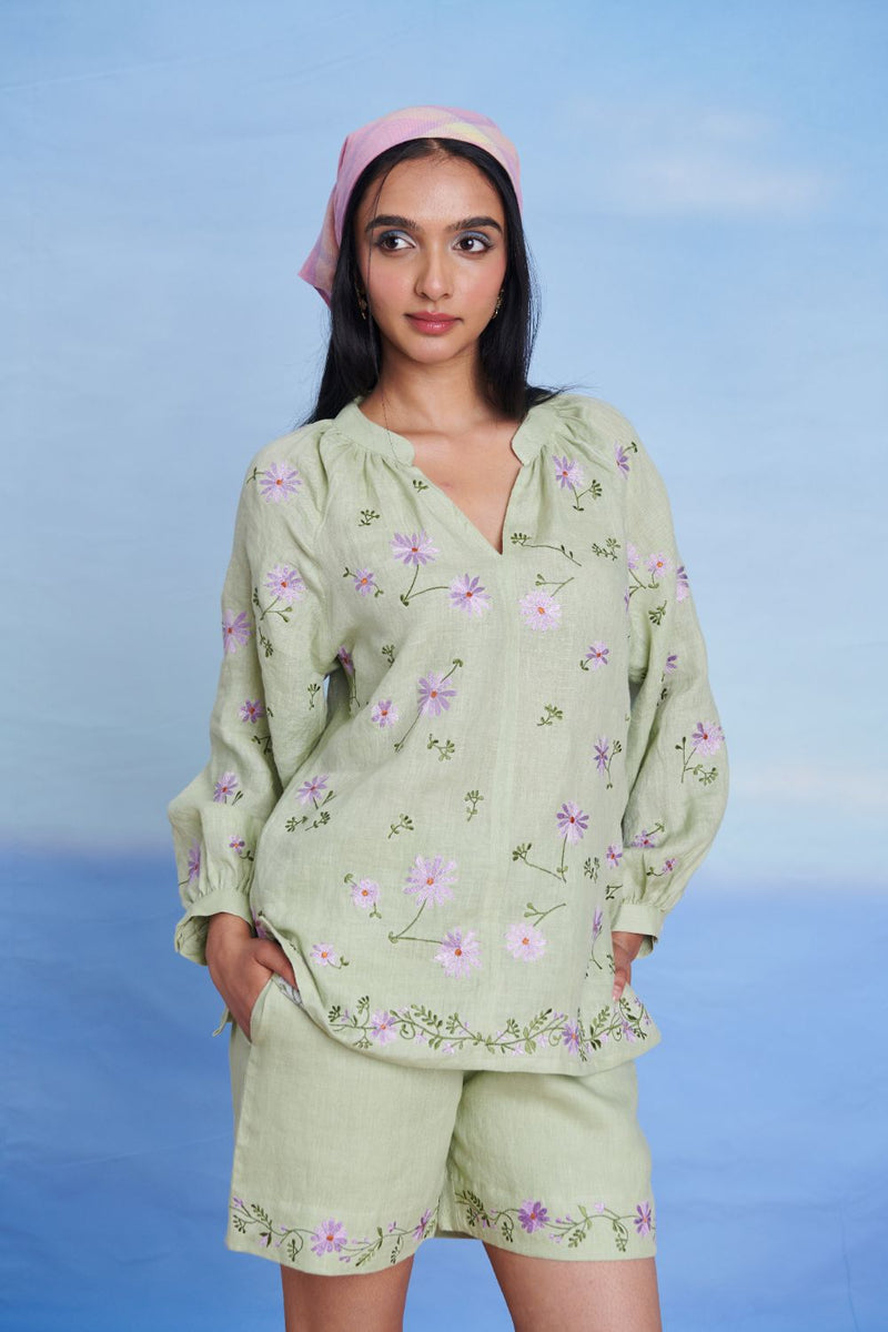 Pista Linen Billow Top linen by Saphed in green color for women Worldwide