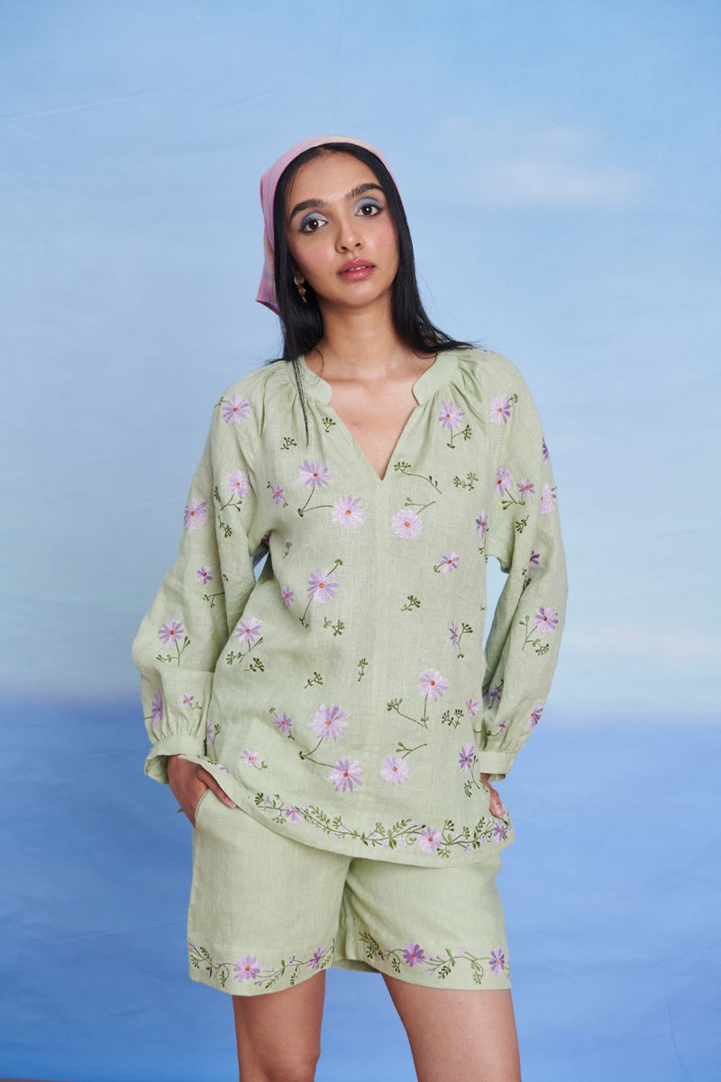 Pista Linen Billow Top linen by Saphed in green color for women Worldwide