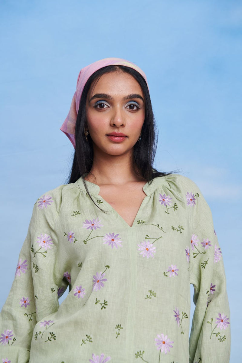 Pista Linen Billow Shorts Set linen by Saphed in green color for women Worldwide