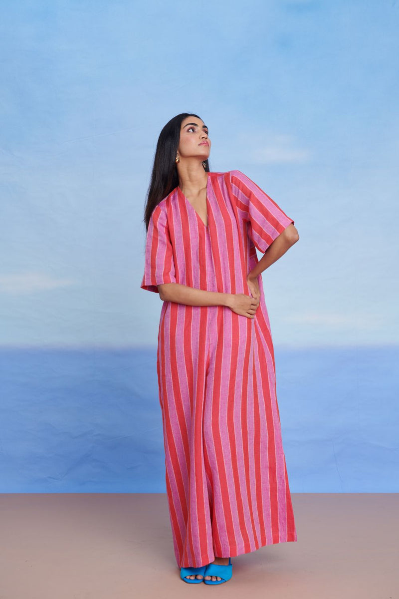 Amalfi Linen Half Sleeves Flared Jumpsuit linen by Saphed in pink color for women Worldwide