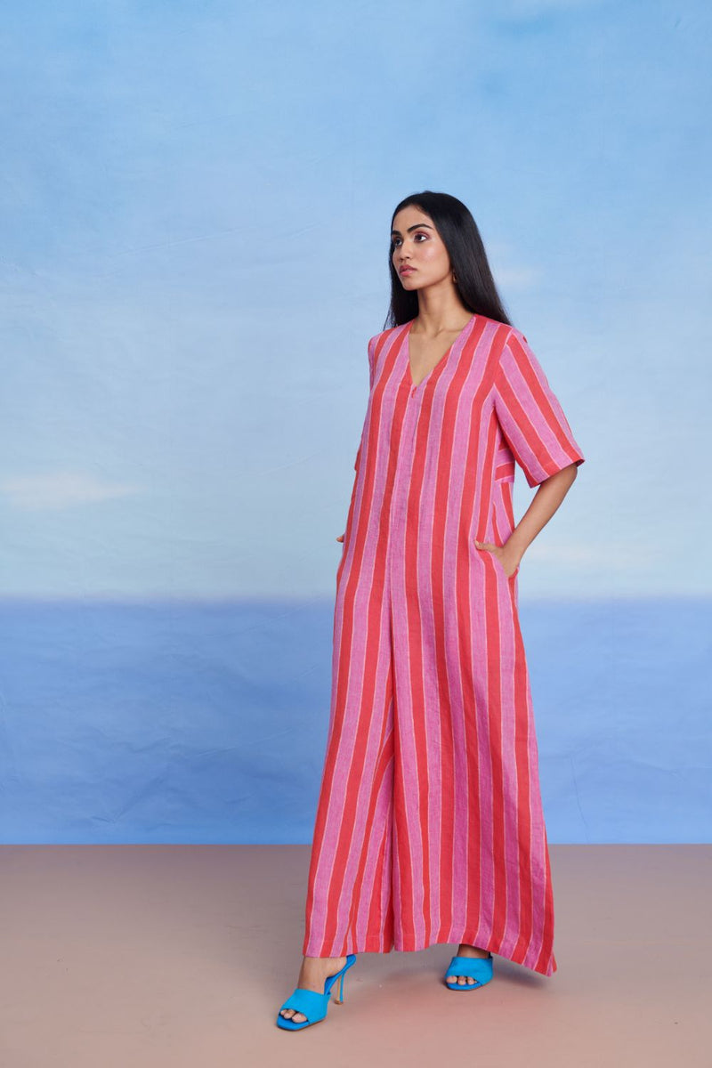 Amalfi Linen Half Sleeves Flared Jumpsuit linen by Saphed in pink color for women Worldwide