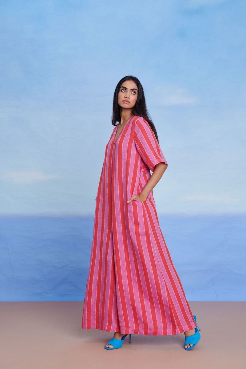 Amalfi Linen Half Sleeves Flared Jumpsuit linen by Saphed in pink color for women Worldwide