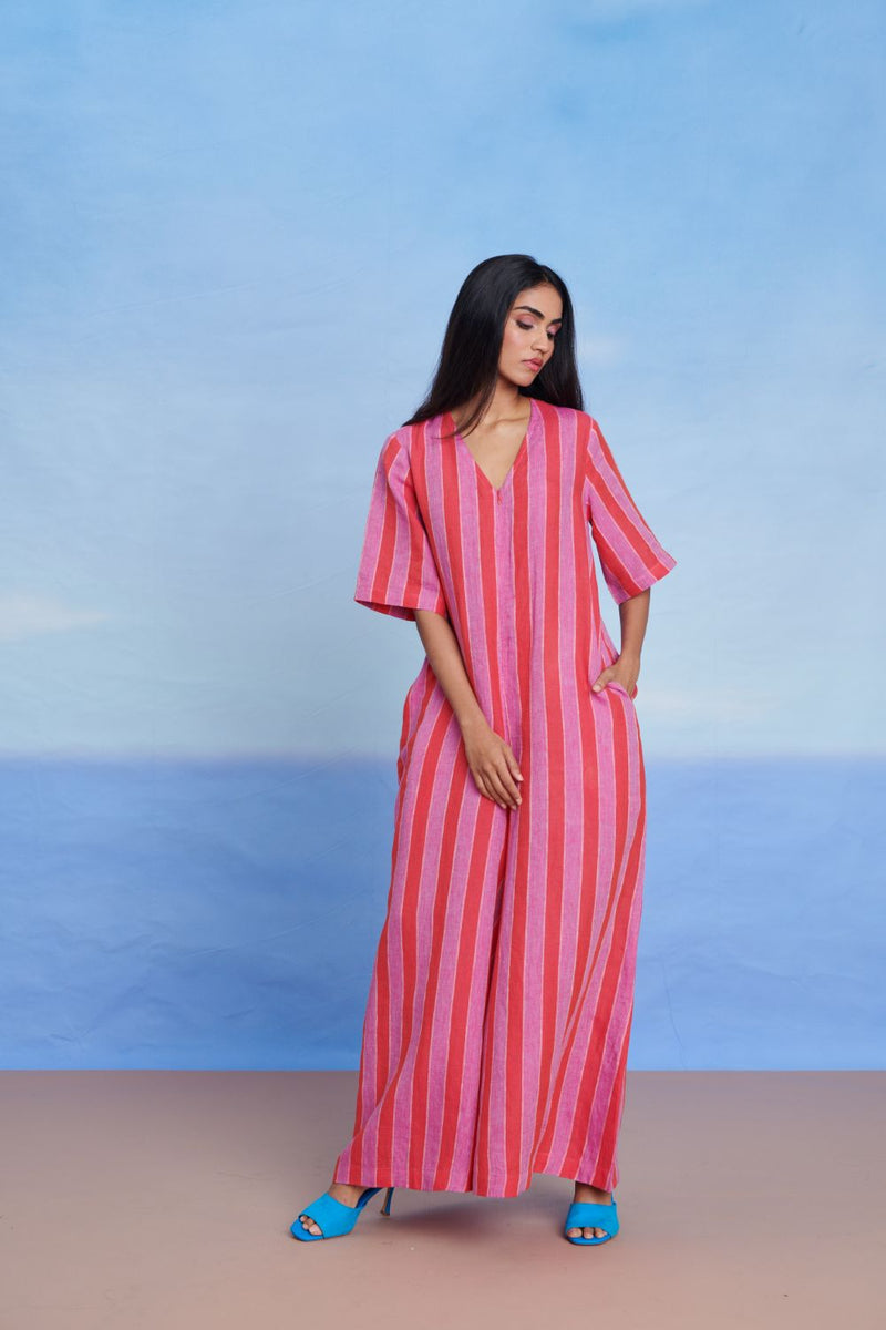 Amalfi Linen Half Sleeves Flared Jumpsuit linen by Saphed in pink color for women Worldwide