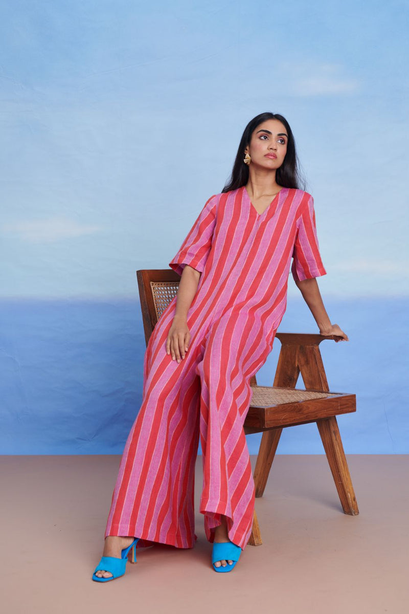 Amalfi Linen Half Sleeves Flared Jumpsuit linen by Saphed in pink color for women Worldwide