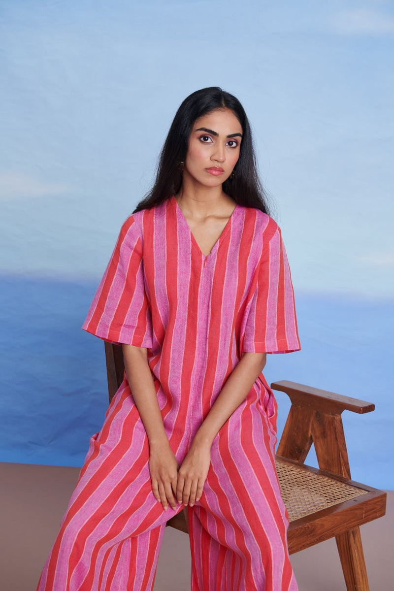 Amalfi Linen Half Sleeves Flared Jumpsuit linen by Saphed in pink color for women Worldwide
