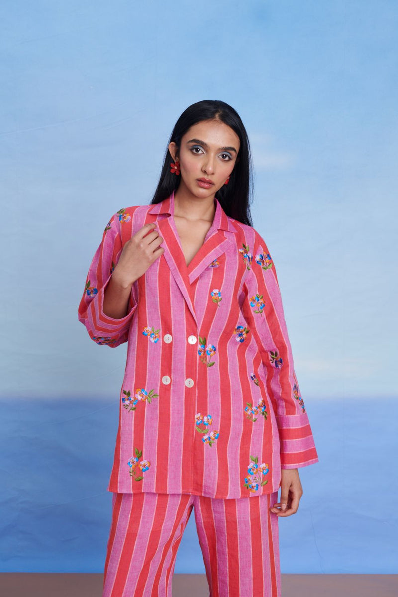 Amalfi Linen Blazer Shirt Set linen by Saphed in pink color for women Worldwide