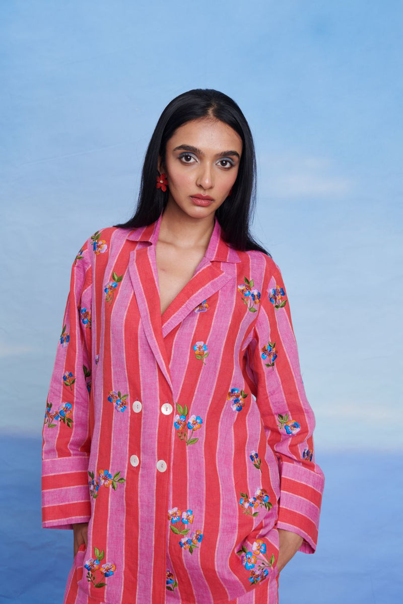 Amalfi Linen Blazer Shirt Set linen by Saphed in pink color for women Worldwide