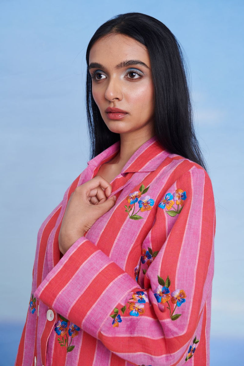 Amalfi Linen Blazer Shirt Set linen by Saphed in pink color for women Worldwide