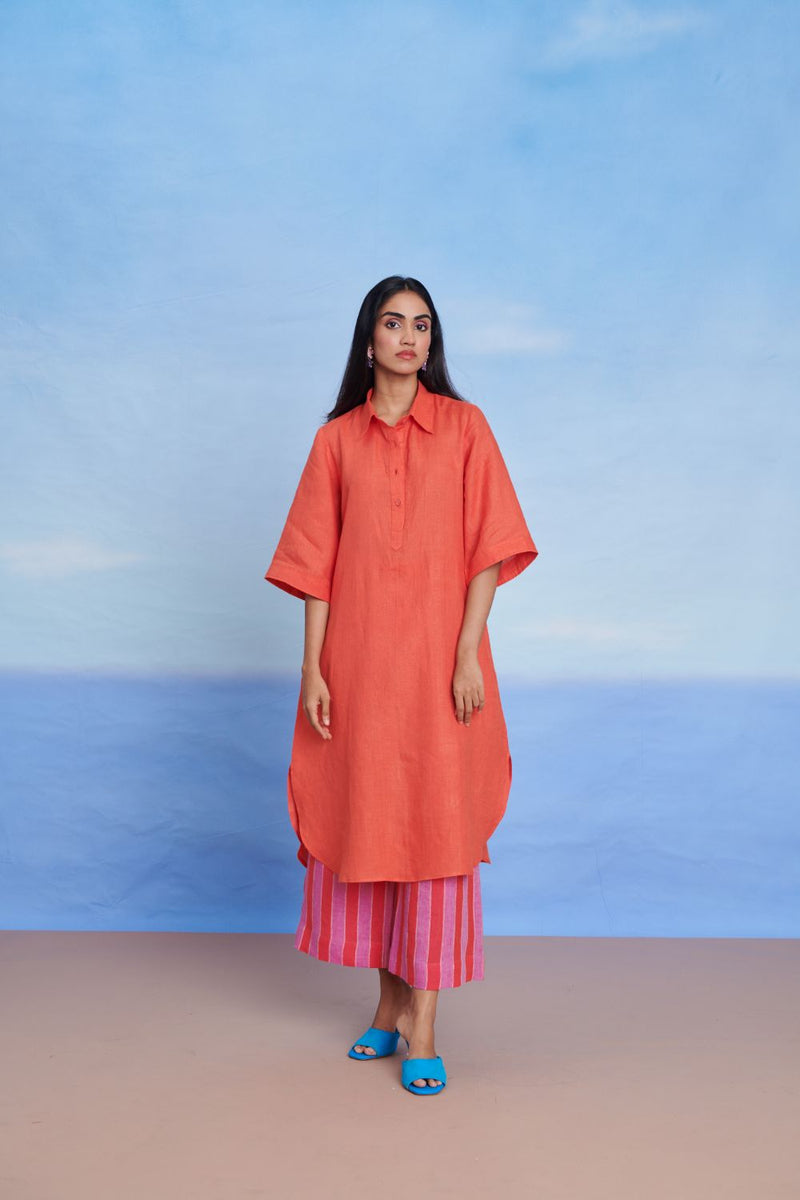 Tangerine Amalfi Linen Women's Shirt Kurta Set linen by Saphed in orange color for women Worldwide