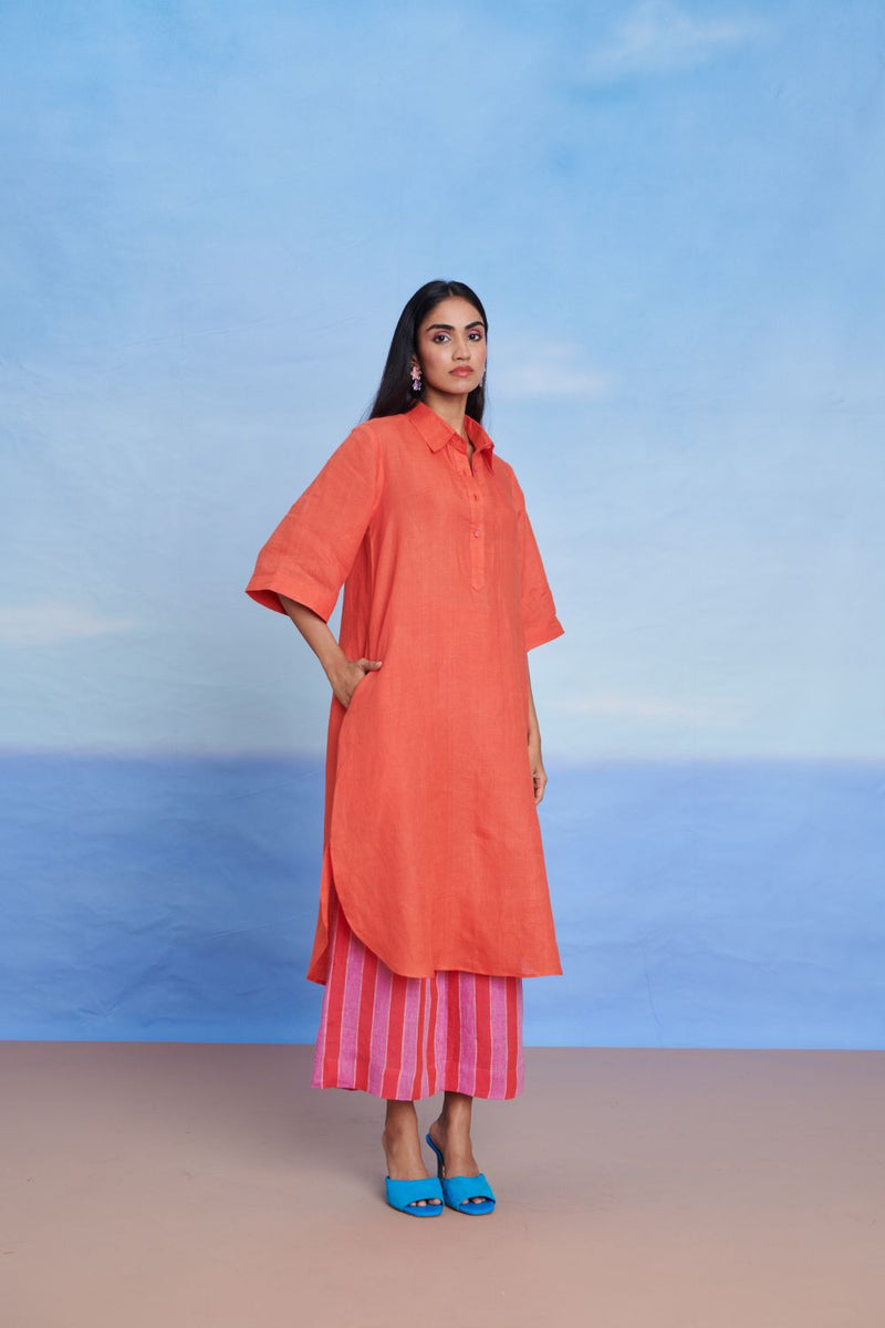 Tangerine Amalfi Linen Women's Shirt Kurta Set linen by Saphed in orange color for women Worldwide