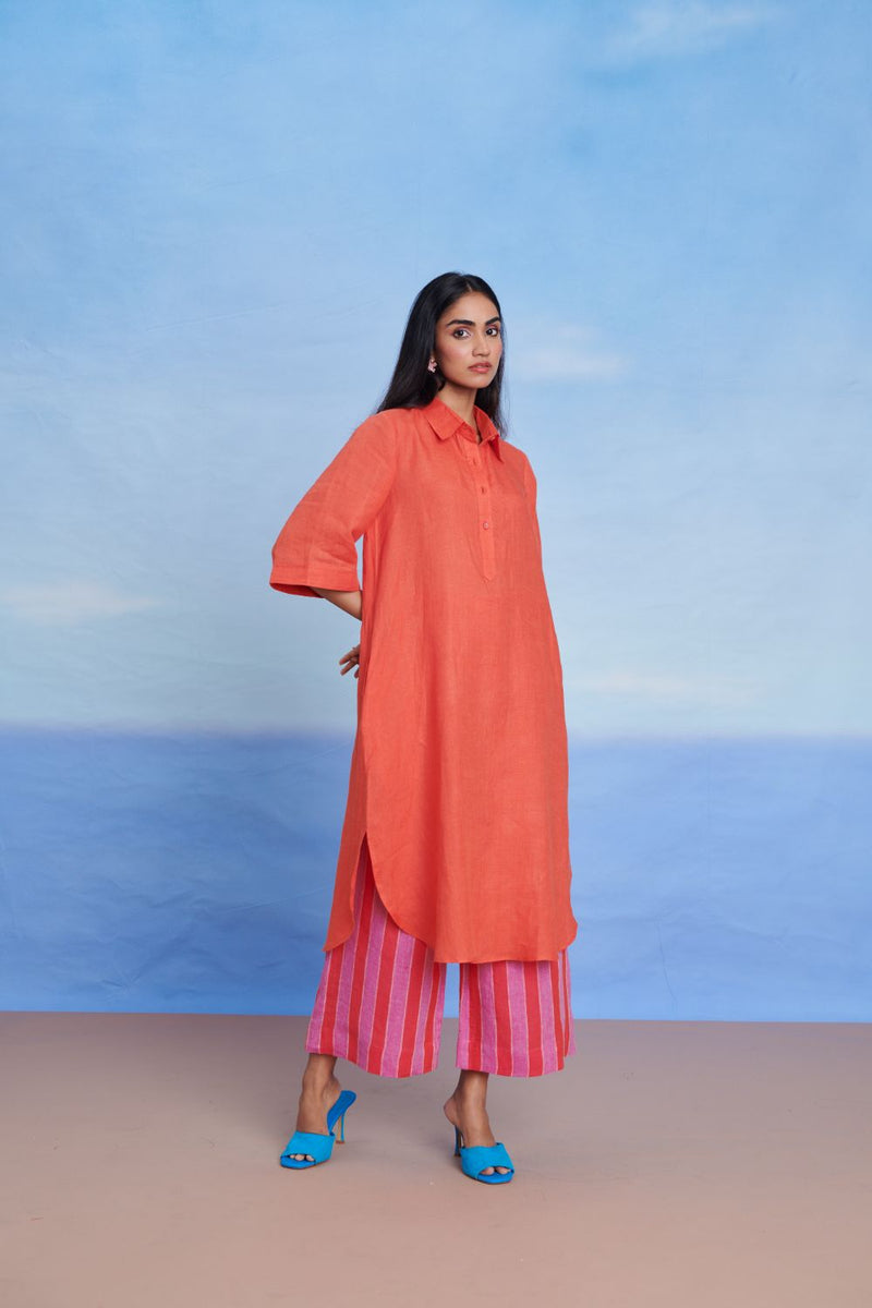Tangerine Amalfi Linen Women's Shirt Kurta Set linen by Saphed in orange color for women Worldwide