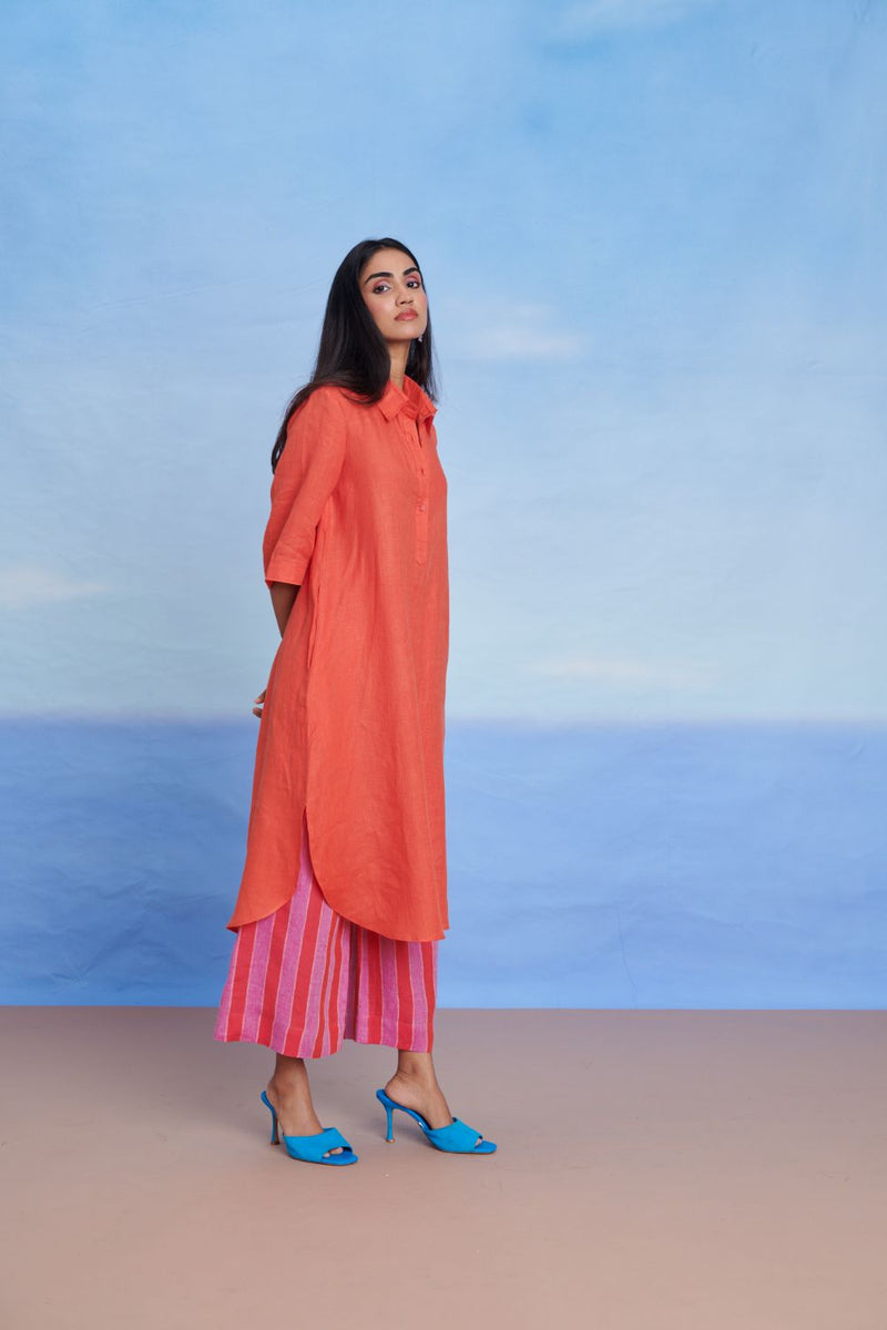 Tangerine Amalfi Linen Women's Shirt Kurta Set linen by Saphed in orange color for women Worldwide