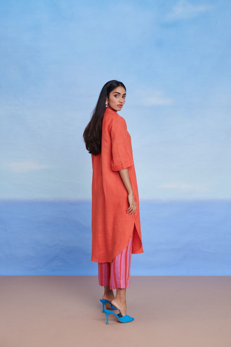 Tangerine Amalfi Linen Women's Shirt Kurta Set linen by Saphed in orange color for women Worldwide