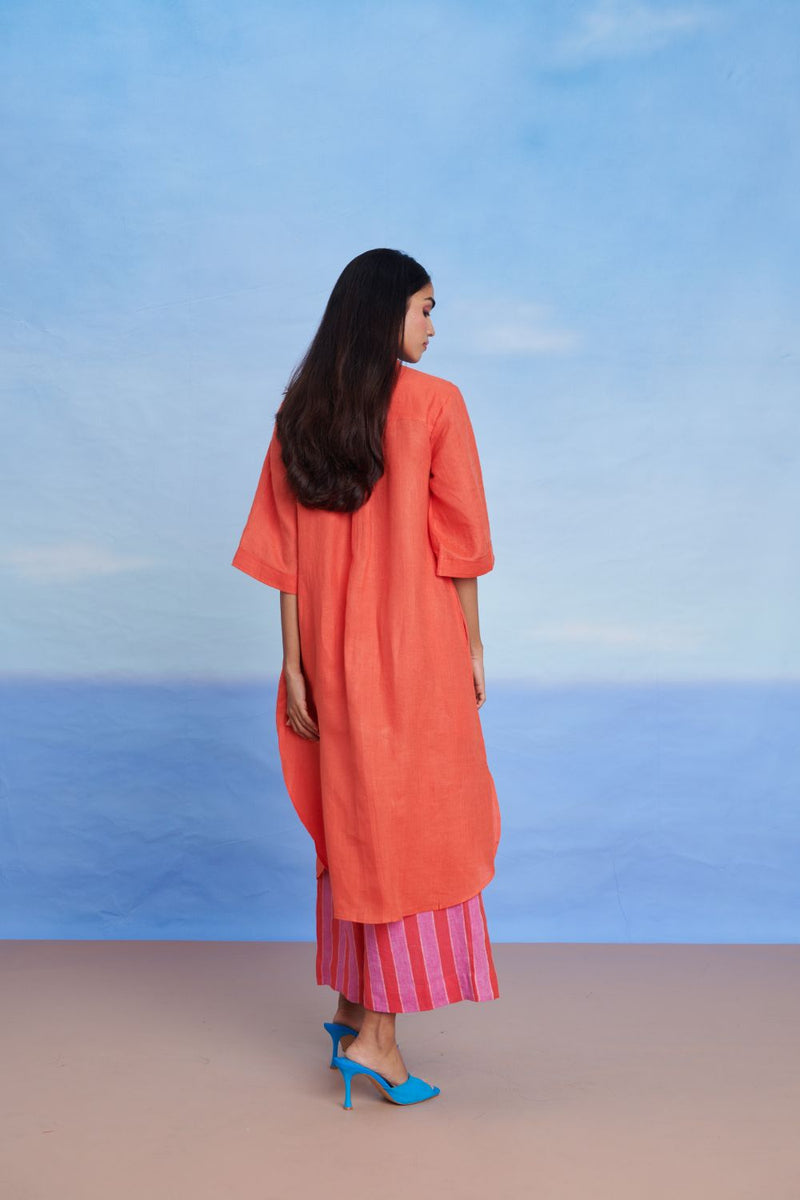 Tangerine Amalfi Linen Women's Shirt Kurta Set linen by Saphed in orange color for women Worldwide