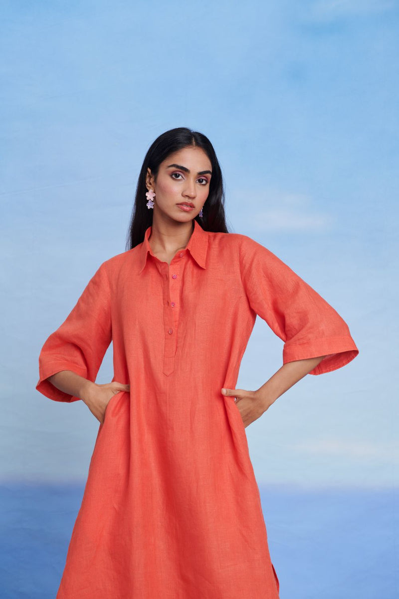 Tangerine Linen Women's Shirt Kurta linen by Saphed in orange color for women Worldwide