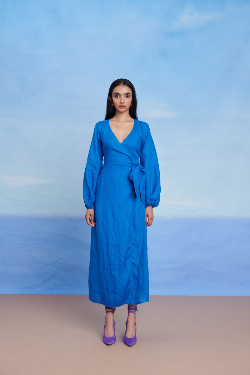 Santorini Linen Wrap Billow Dress linen by Saphed in blue color for women Worldwide