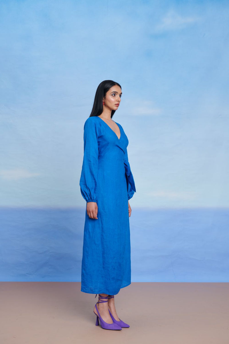 Santorini Linen Wrap Billow Dress linen by Saphed in blue color for women Worldwide