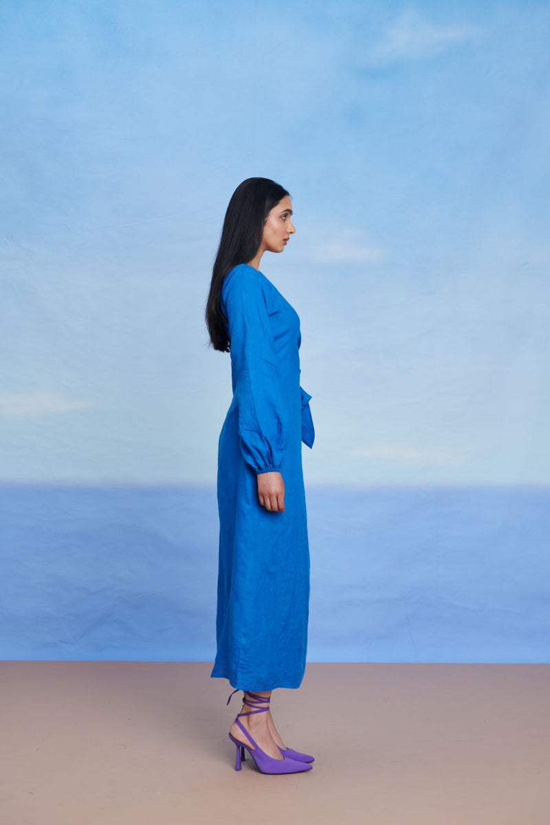Santorini Linen Wrap Billow Dress linen by Saphed in blue color for women Worldwide