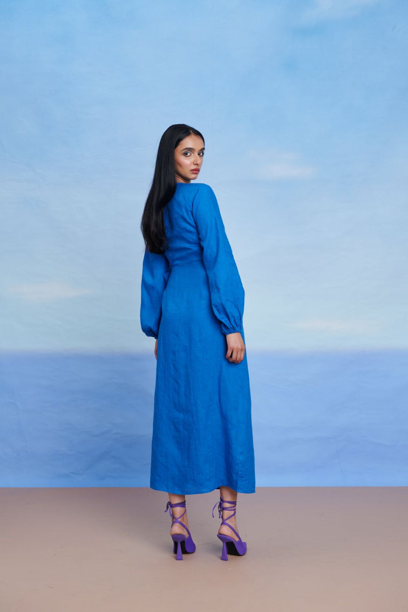Santorini Linen Wrap Billow Dress linen by Saphed in blue color for women Worldwide