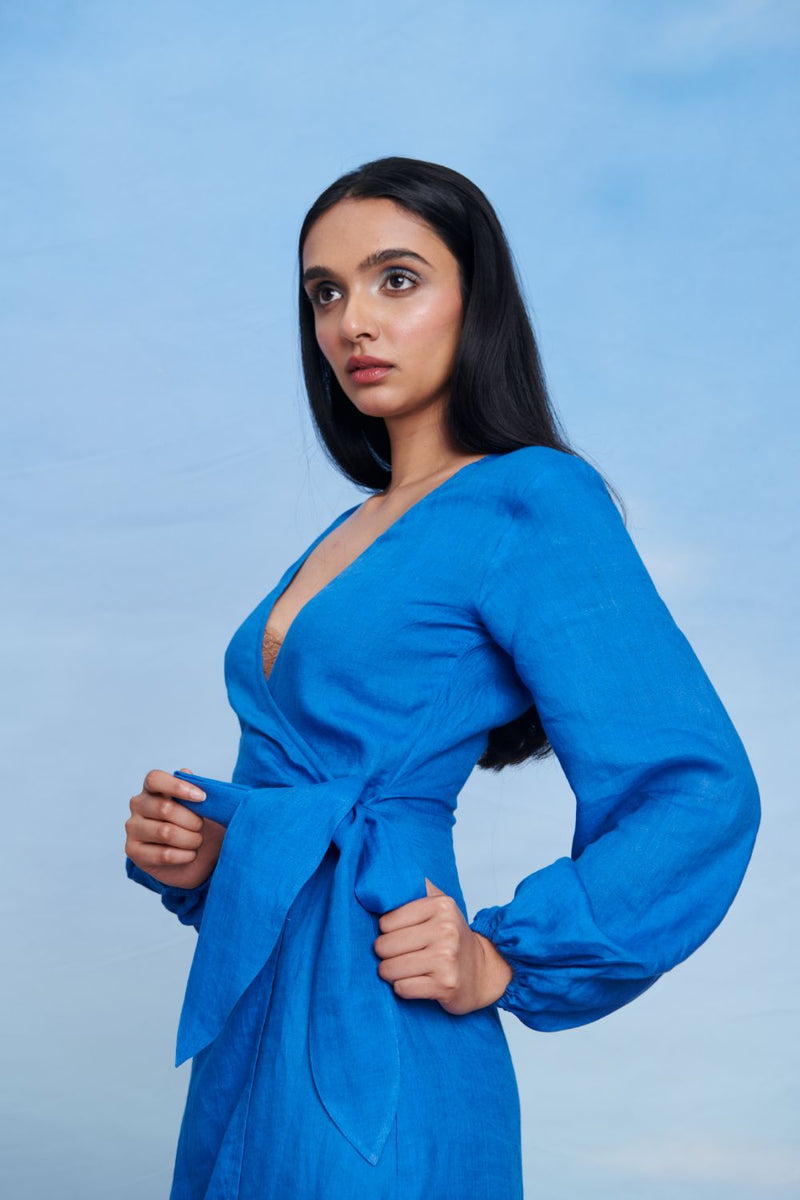 Santorini Linen Wrap Billow Dress linen by Saphed in blue color for women Worldwide