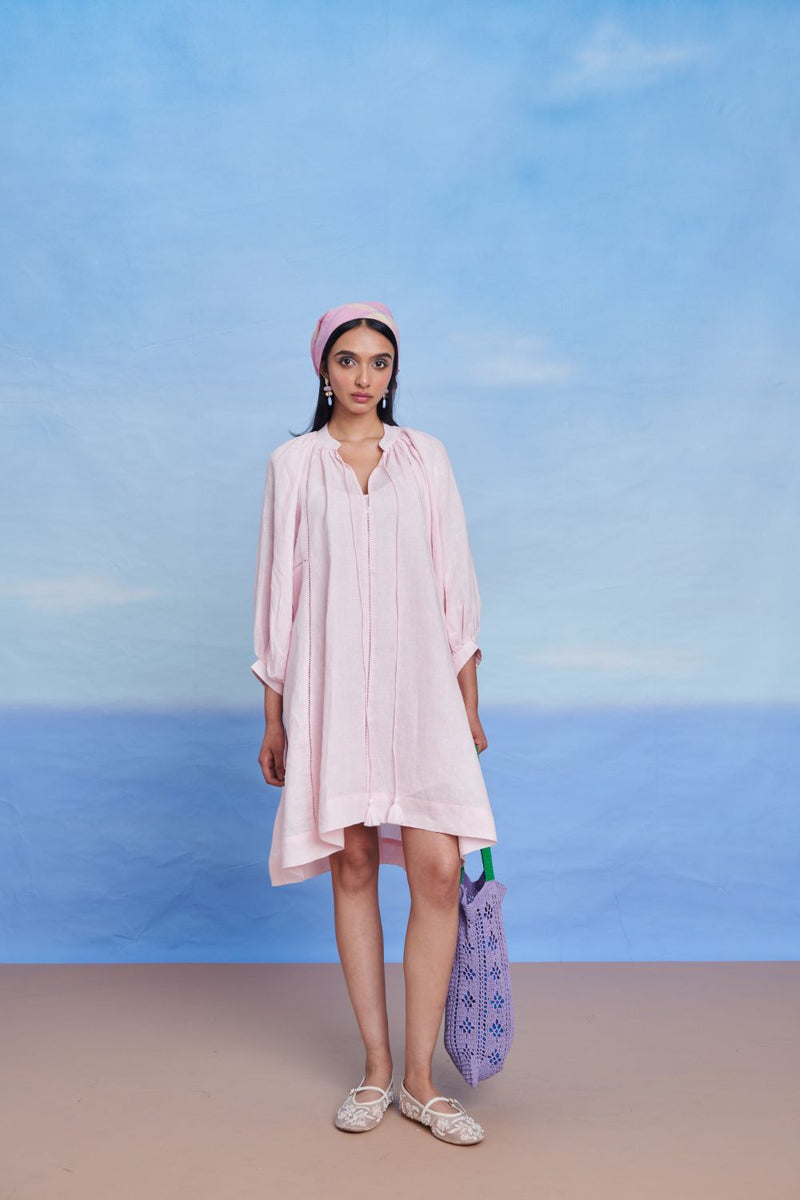 Fleur Linen Lace Panelled Dress linen by Saphed in pink color for women Worldwide