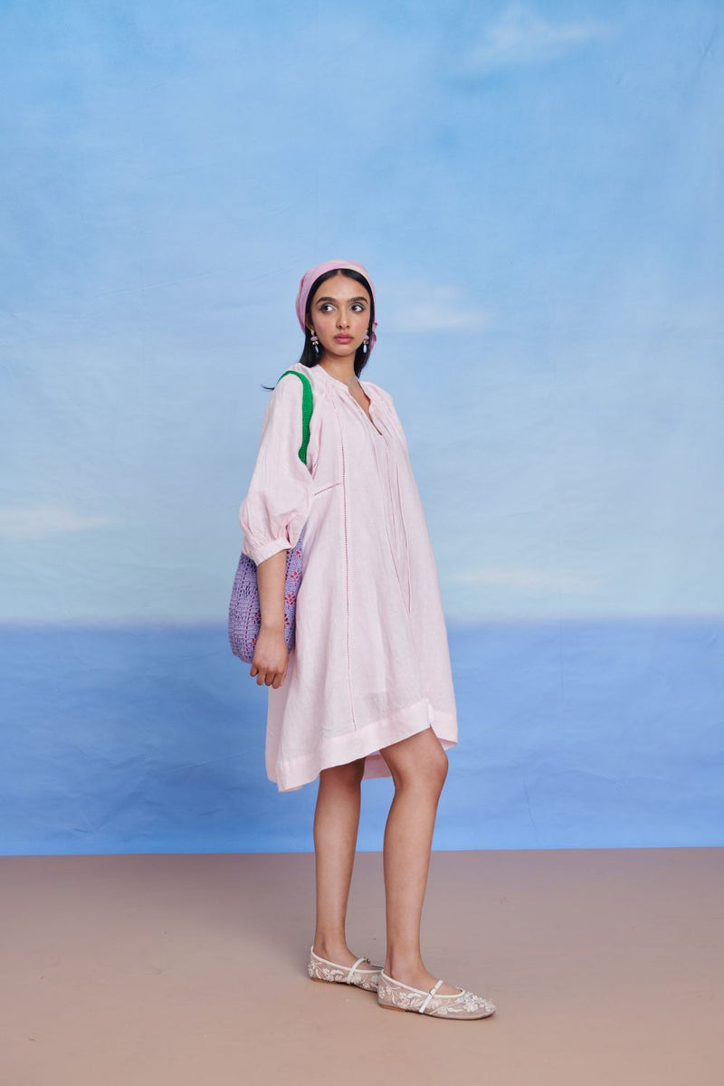 Fleur Linen Lace Panelled Dress linen by Saphed in pink color for women Worldwide