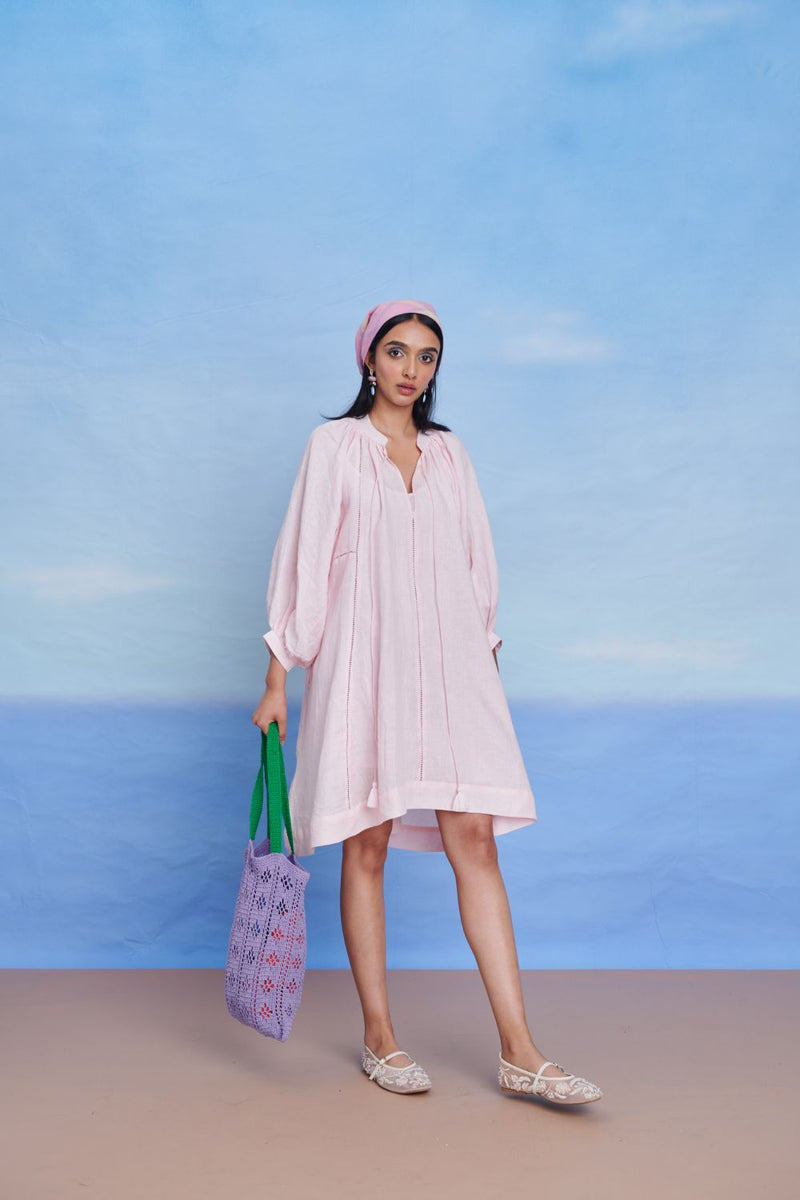 Fleur Linen Lace Panelled Dress linen by Saphed in pink color for women Worldwide