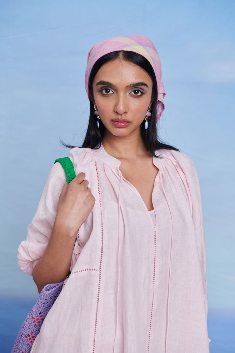 Fleur Linen Lace Panelled Dress linen by Saphed in pink color for women Worldwide