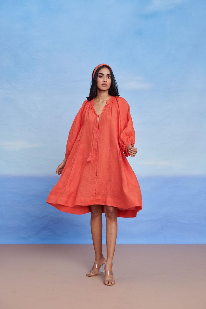 Tangerine Linen Lace Panelled Dress linen by Saphed in orange color for women Worldwide