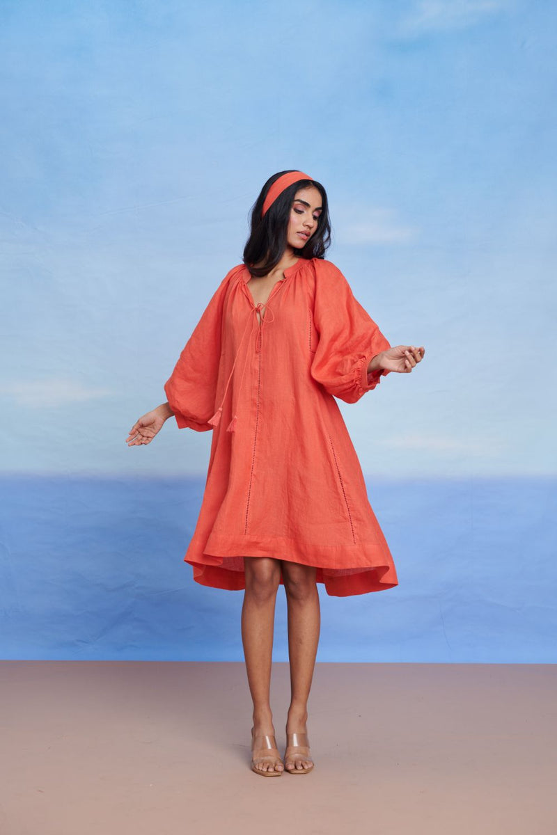 Tangerine Linen Lace Panelled Dress linen by Saphed in orange color for women Worldwide