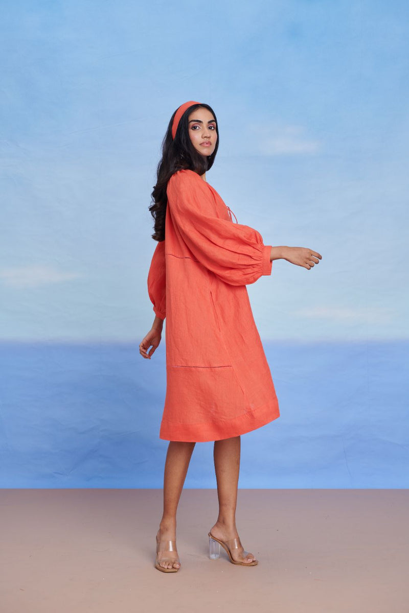 Tangerine Linen Lace Panelled Dress linen by Saphed in orange color for women Worldwide