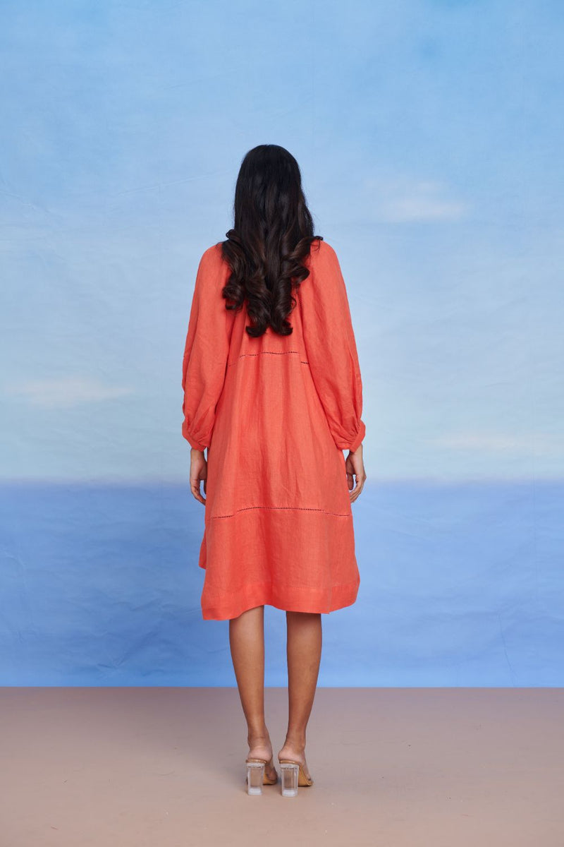 Tangerine Linen Lace Panelled Dress linen by Saphed in orange color for women Worldwide