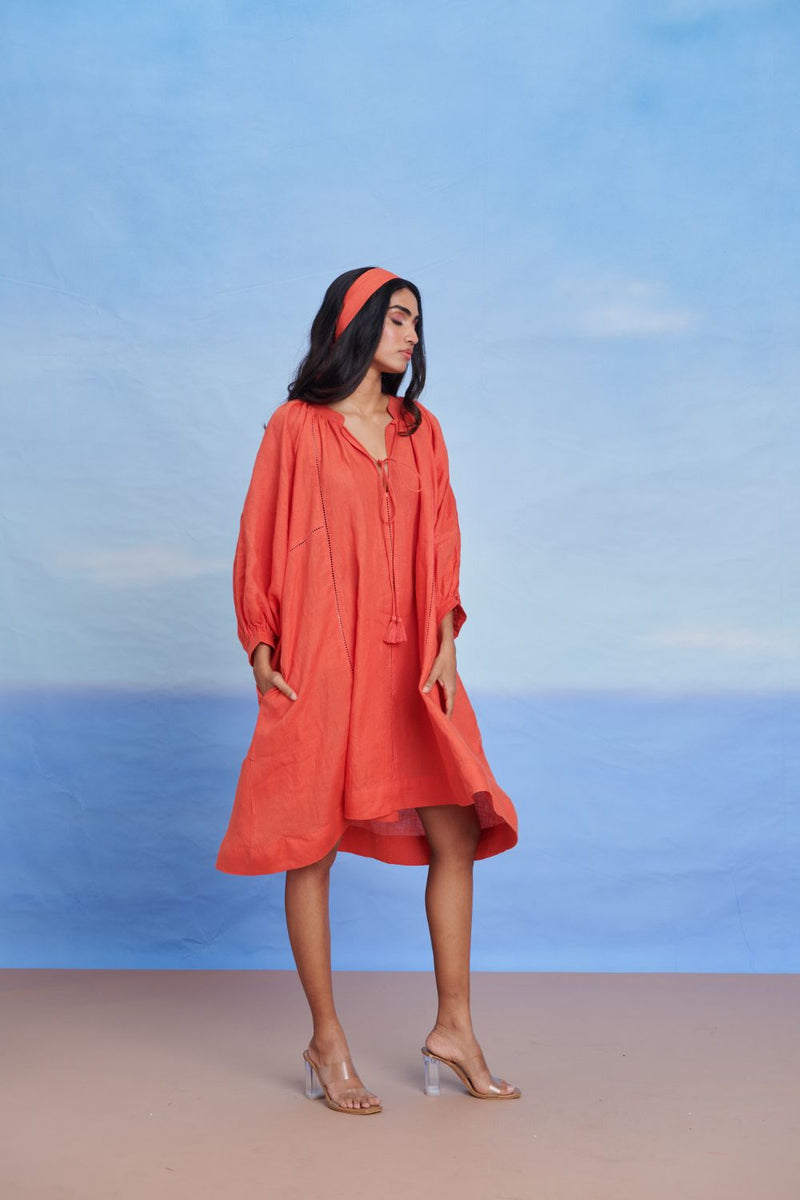 Tangerine Linen Lace Panelled Dress linen by Saphed in orange color for women Worldwide