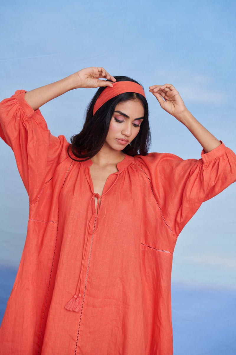 Tangerine Linen Lace Panelled Dress linen by Saphed in orange color for women Worldwide