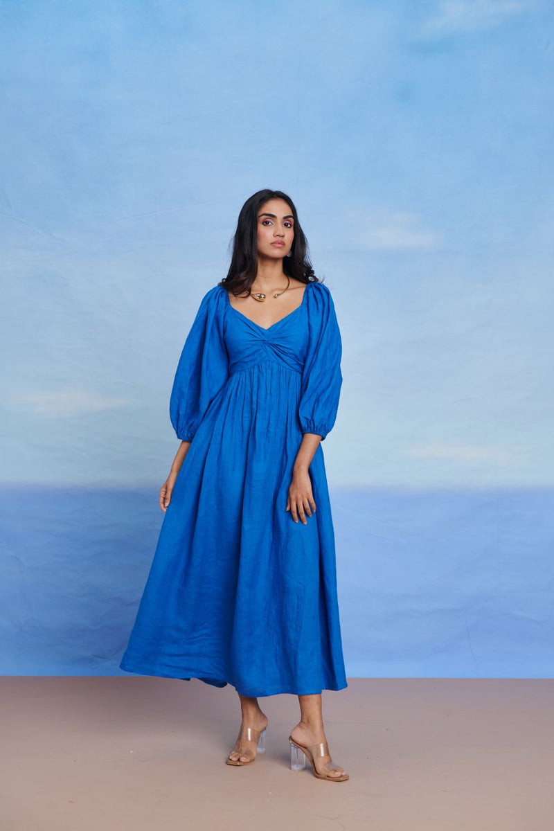 Santorini Linen Front Twist Dress linen by Saphed in blue color for women Worldwide