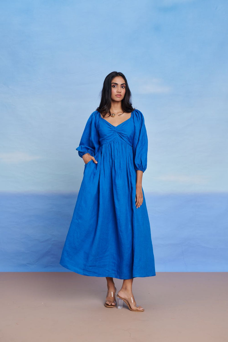 Santorini Linen Front Twist Dress linen by Saphed in blue color for women Worldwide