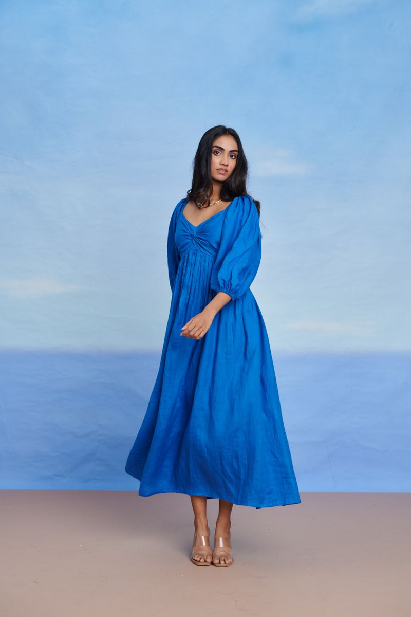 Santorini Linen Front Twist Dress linen by Saphed in blue color for women Worldwide