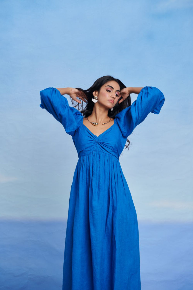 Santorini Linen Front Twist Dress linen by Saphed in blue color for women Worldwide